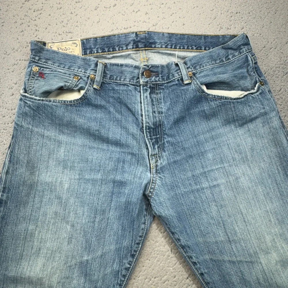 Polo Ralph Lauren Jeans Mens 36x32 Blue Distressed Straight Leg RL Logo Denim